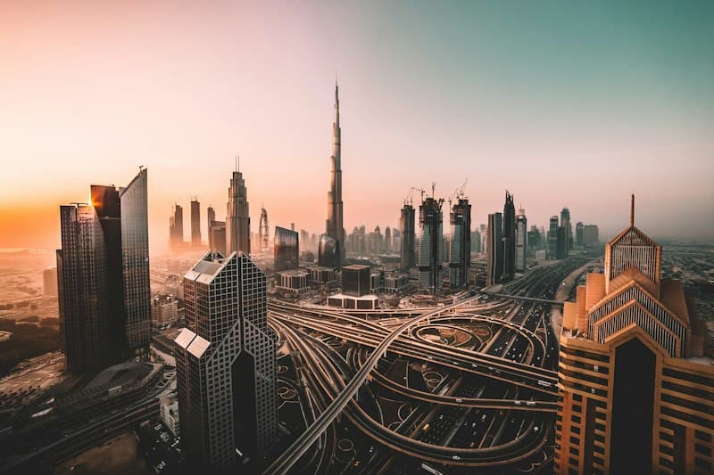 Dubai skyline with the Burj Khalifa at sunset