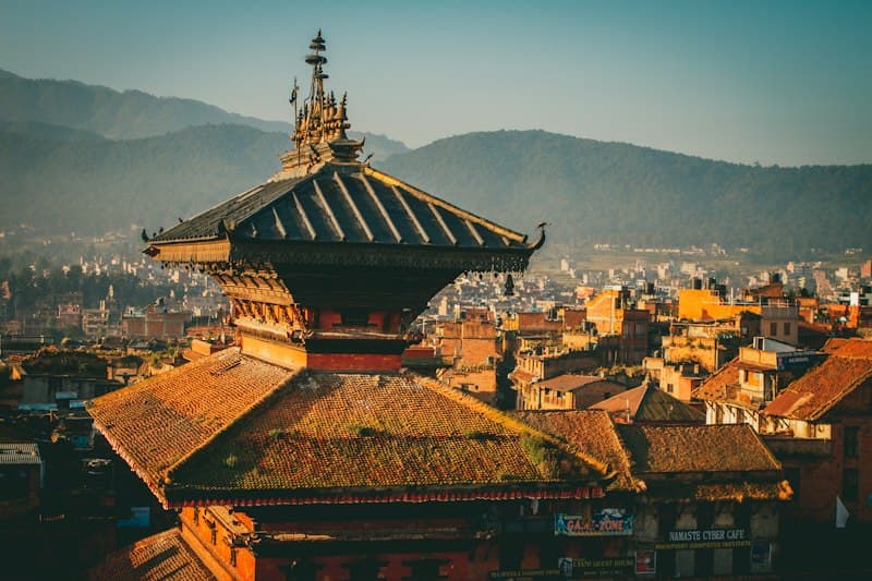 Traditional pagoda temple roof in Bhaktapur at sunrise