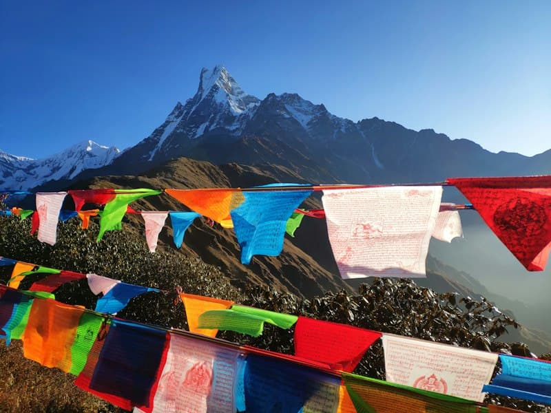 Prayer flags with Machapuchare peak behind